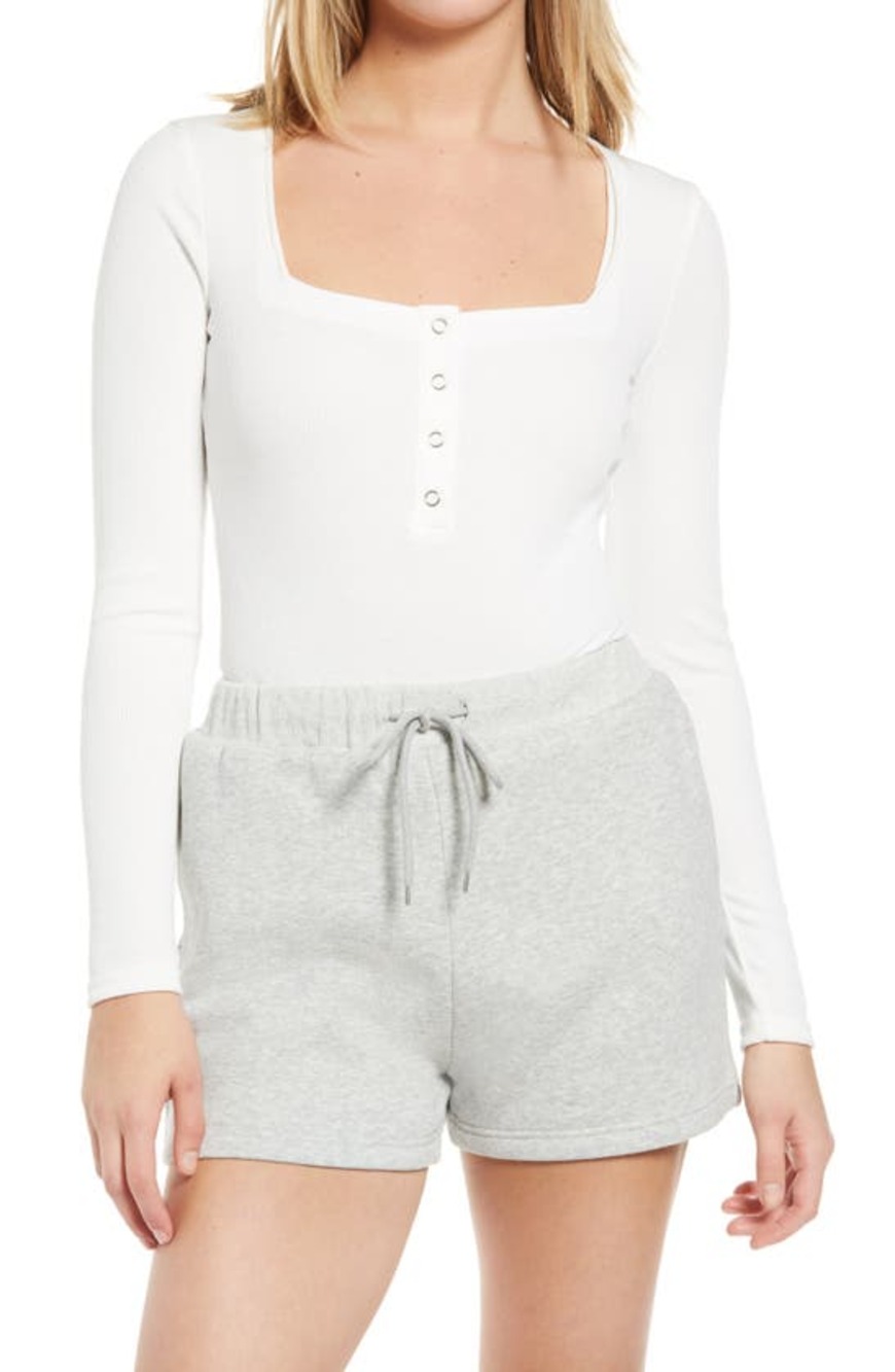 4th + Reckless Bodysuit Women's Size M Maddie Button-Up Rib Long Sleeve White